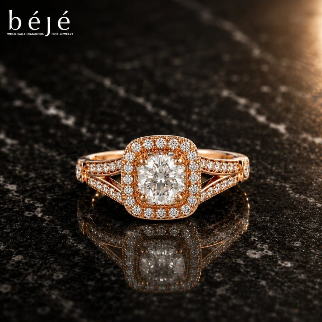 Cushion-Cut Rose Gold Halo Ring - jewelry store in metairie - beje diamonds