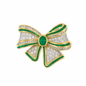 18K Yellow Gold Emerald & Diamond Bow Brooch