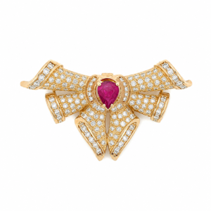 14K Yellow Gold Ruby & Diamond Bow Brooch