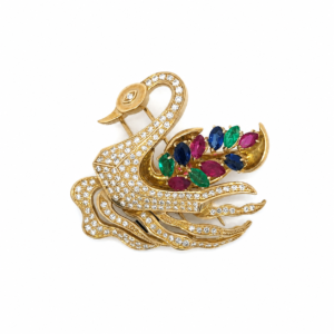 18K Yellow Gold Diamond, Ruby, Sapphire & Emerald Swan Brooch