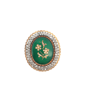 18K Yellow Gold Green Enamel & Diamond Floral Brooch