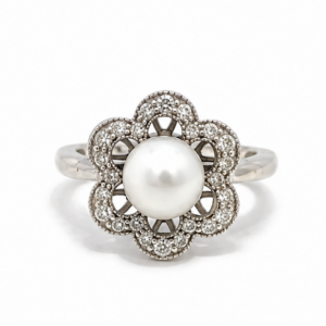 Diamond & Pearl Ring in 14K White Gold